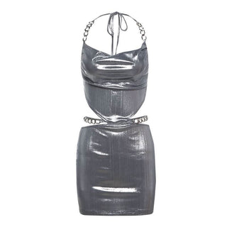Cowl neck halter metal chain hollow out cut out mini dress