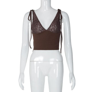 V neck see through lace ribbed patchwork ruched backless top