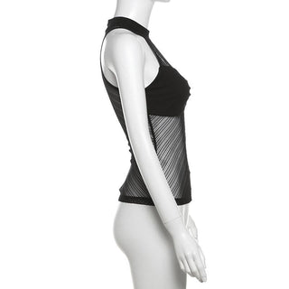 High neck ruched hollow out mesh zip-up tank cut out top
