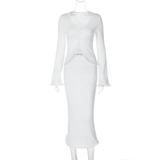 Long flared sleeve v neck button solid midi skirt set