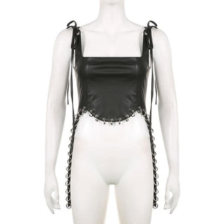 Square neck self tie PU leather o ring zip-up sleeveless crop top - Final Sale-final-sale