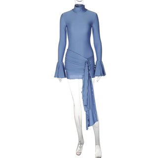 Long flared sleeve high neck ruched mini dress