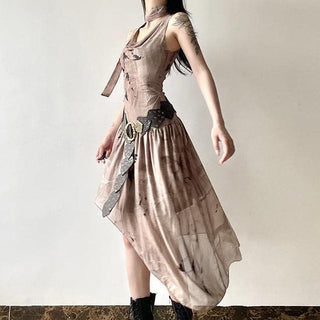 Sleeveless cowl neck print irregular ruched midi dress