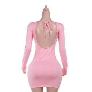 Crewneck long sleeve beaded backless mini dress