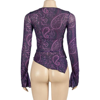 Long flared sleeve print lace up irregular sheer mesh ruffle top