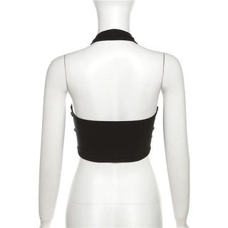 Hollow out halter backless solid cross front crop cut out top