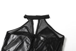 Halter PU leather lace up hollow out gloves bodysuit