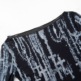 Off shoulder long sleeve mesh cross print top