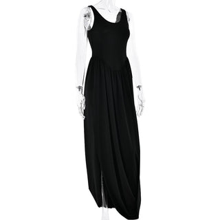 U neck ruched solid backless cami maxi dress