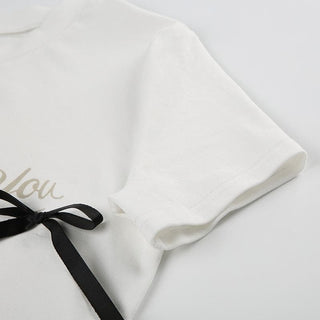 Short sleeve bowknot crewneck letter print top