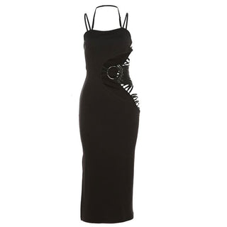 Irregular hollow out halter o ring cami slit cut out midi dress