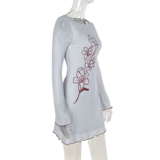 Long sleeve mesh flower print ruffle mini dress