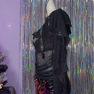 One shoulder long sleeve buckle cross pattern top