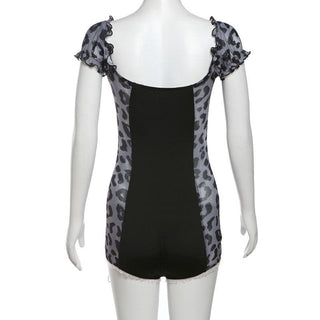 Short puff sleeve leopard print lace hem romper
