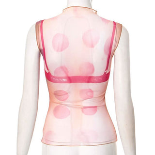 Crewneck sheer mesh print sleeveless contrast top