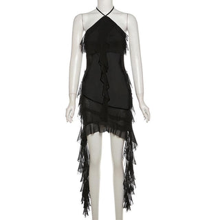 Halter sheer mesh ruffle backless mini dress