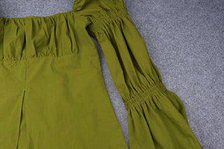 Flared pleated sleeve smocked square neck slit solid top