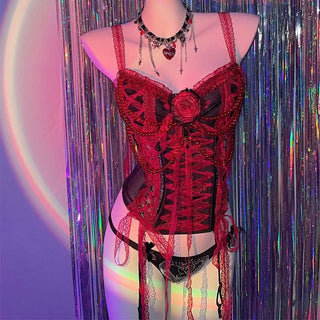 Lace hem beaded flower applique button mesh top