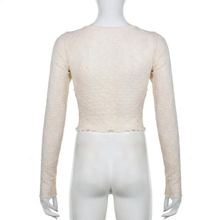 Long sleeve drawstring ruched lace ruffle top