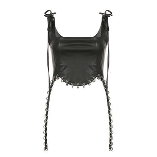 Square neck self tie PU leather o ring zip-up sleeveless crop top - Final Sale-final-sale