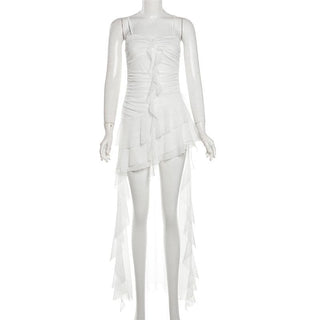 Ruched mesh ruffle sweetheart neck cami maxi dress