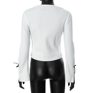 Long sleeve slit hollow out bowknot textured cut out top