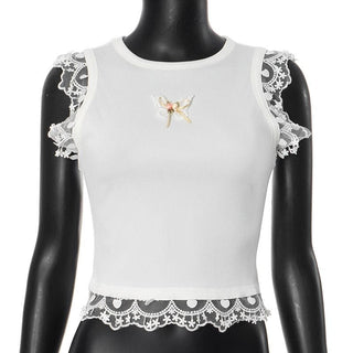 Lace hem ribbed butterfly applique top
