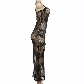 Rose pattern fishnet see through cami midi dress