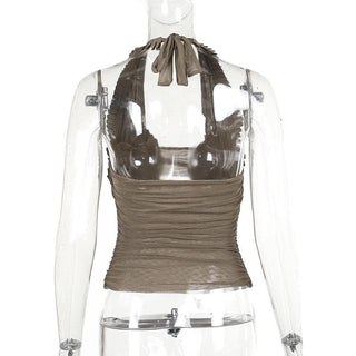 Halter pleated hollow out ruched mesh backless cut out top