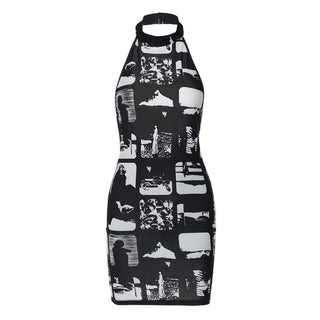 Halter contrast print backless mini dress