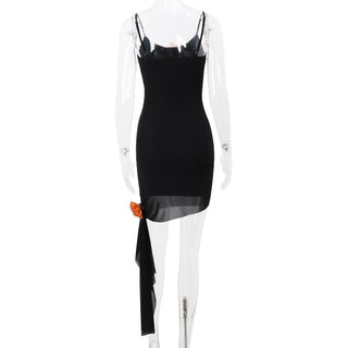 U neck flower applique lace up ruffle cami mini dress