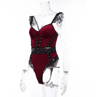 Velvet v neck lace button cami bodysuit