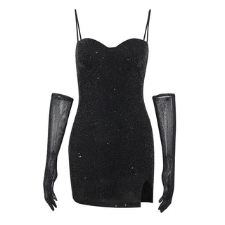 Gloves solid beaded slit sweetheart neck cami mini dress