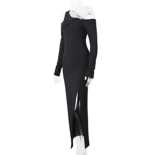 Off shoulder long sleeve slit solid maxi dress