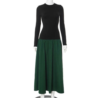 Long sleeve crewneck patchwork ruched maxi dress