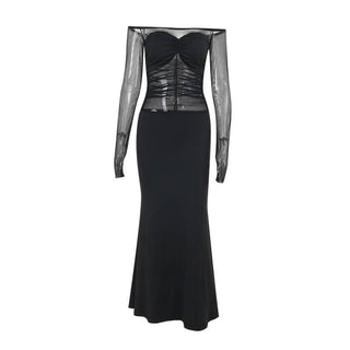 Off shoulder long sleeve mesh patchwork ruched maxi dress