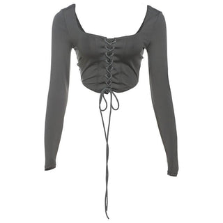 Long sleeve lace up square neck solid crop top