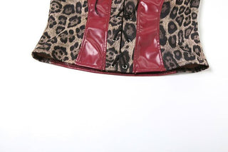 Leopard print lace up PU leather patchwork tube top