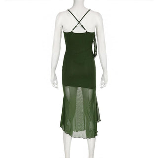 Ruffle irregular mesh cross back cami midi dress