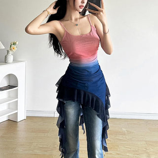 U neck sheer mesh gradient irregular ruffle cami top