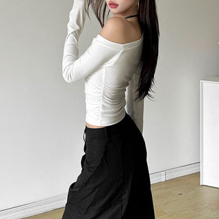 Long sleeve beaded one shoulder ruched top