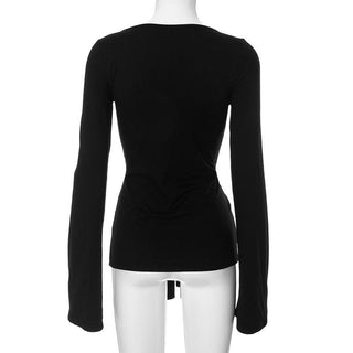 Long flared sleeve v neck ruched top
