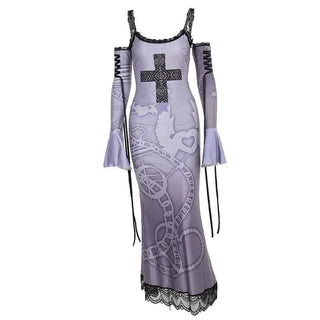 Long flared sleeve off shoulder cross print lace cami maxi dress-final-sale