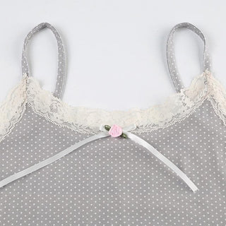Lace hem polka dot rose applique cami top