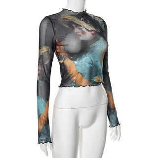 Long sleeve print sheer mesh ruffle crop top