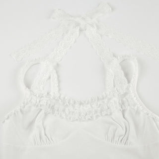 Halter lace hem ruched self tie cami top