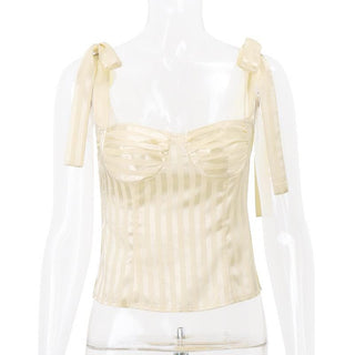 Striped smocked bowknot ribbon cami top