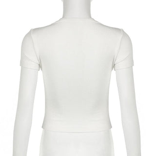 Short sleeve lace hem ribbed bowknot button crop top
