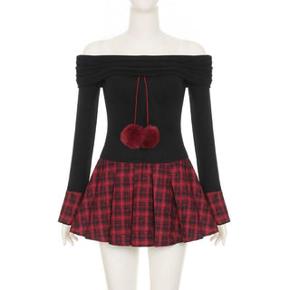Off shoulder long sleeve plaid fluffy mini dress