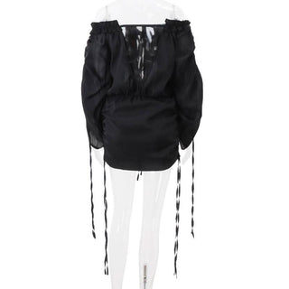 Off shoulder long sleeve ruffle self tie hollow out cut out mini dress